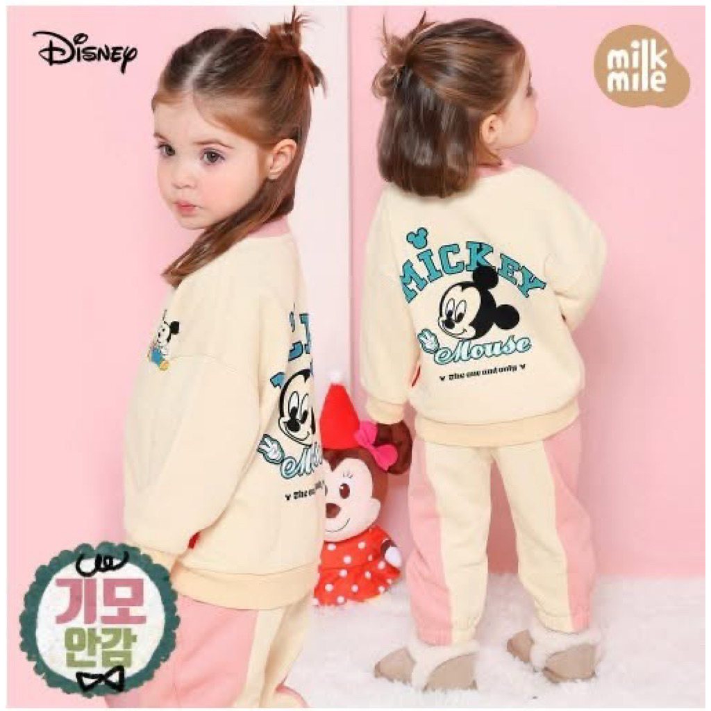 Bộ nỉ milkmile xuất dư Hàn ấm áp cho bé gái hoạ tiết dễ thương phối viền hồng [Dư size 90]