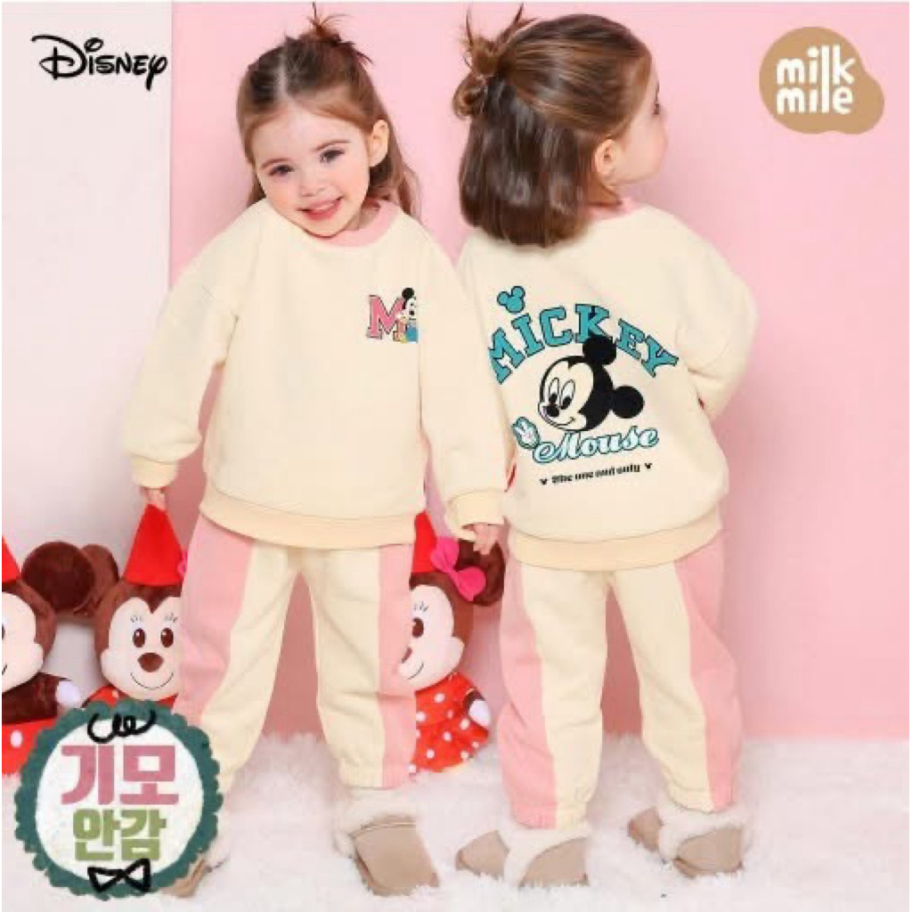 Bộ nỉ milkmile xuất dư Hàn ấm áp cho bé gái hoạ tiết dễ thương phối viền hồng [Dư size 90]