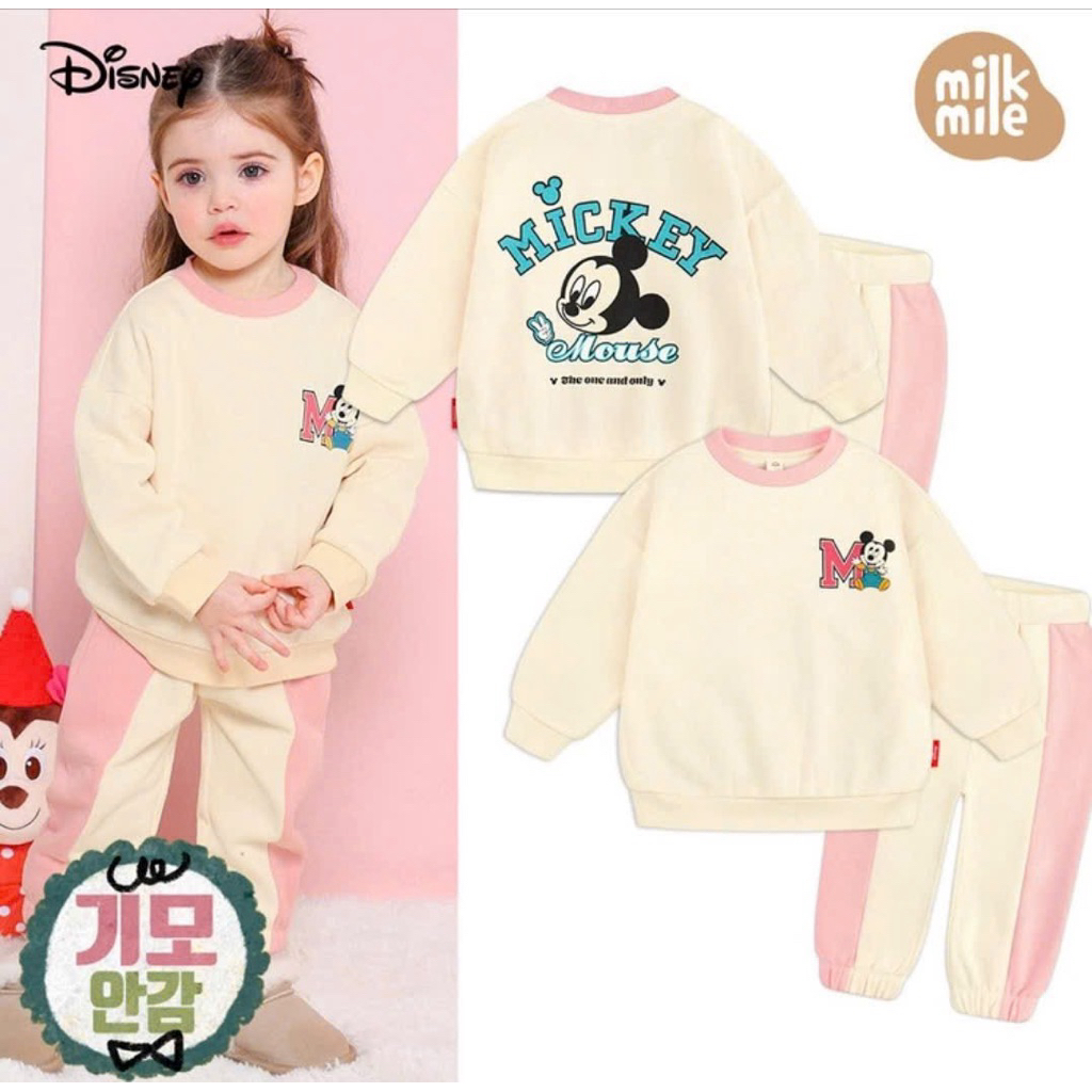 Bộ nỉ milkmile xuất dư Hàn ấm áp cho bé gái hoạ tiết dễ thương phối viền hồng [Dư size 90]