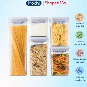 Bộ 5 hộp đựng thực phẩm khô Inochi. Nút bấm kín khí, dễ thao tác. Nhựa PP chịu nhiệt tốt, không mùi.