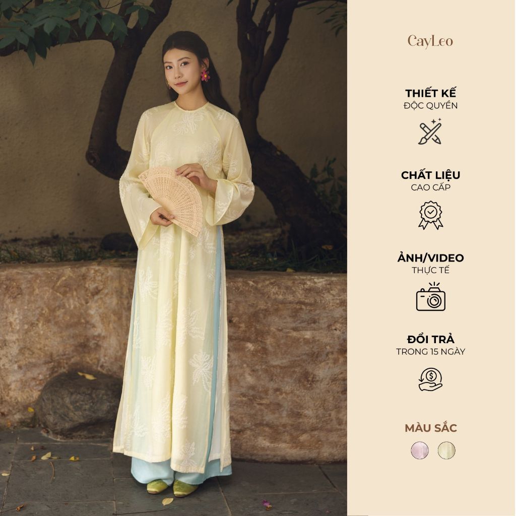 Áo dài cách tân nữ dáng suông cổ tròn tơ thêu hoa vi cao cấp Cẩm Hạ CayLeo Design - AD11