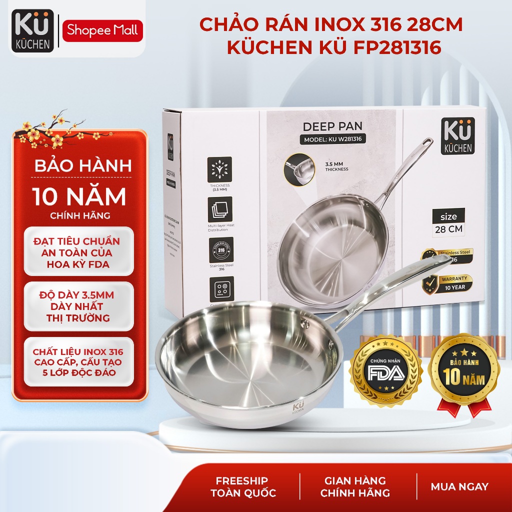 Chảo rán inox 316 size 28cm lòng cạn KUCHEN KU FP281316 - Bảo hành 10 ...