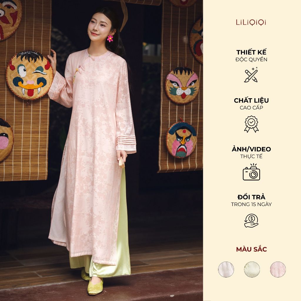 Áo dài cách tân nữ dáng suông cổ tròn tơ gấm hoa chìm cao cấp Thanh Anh CayLeo Design - AD03