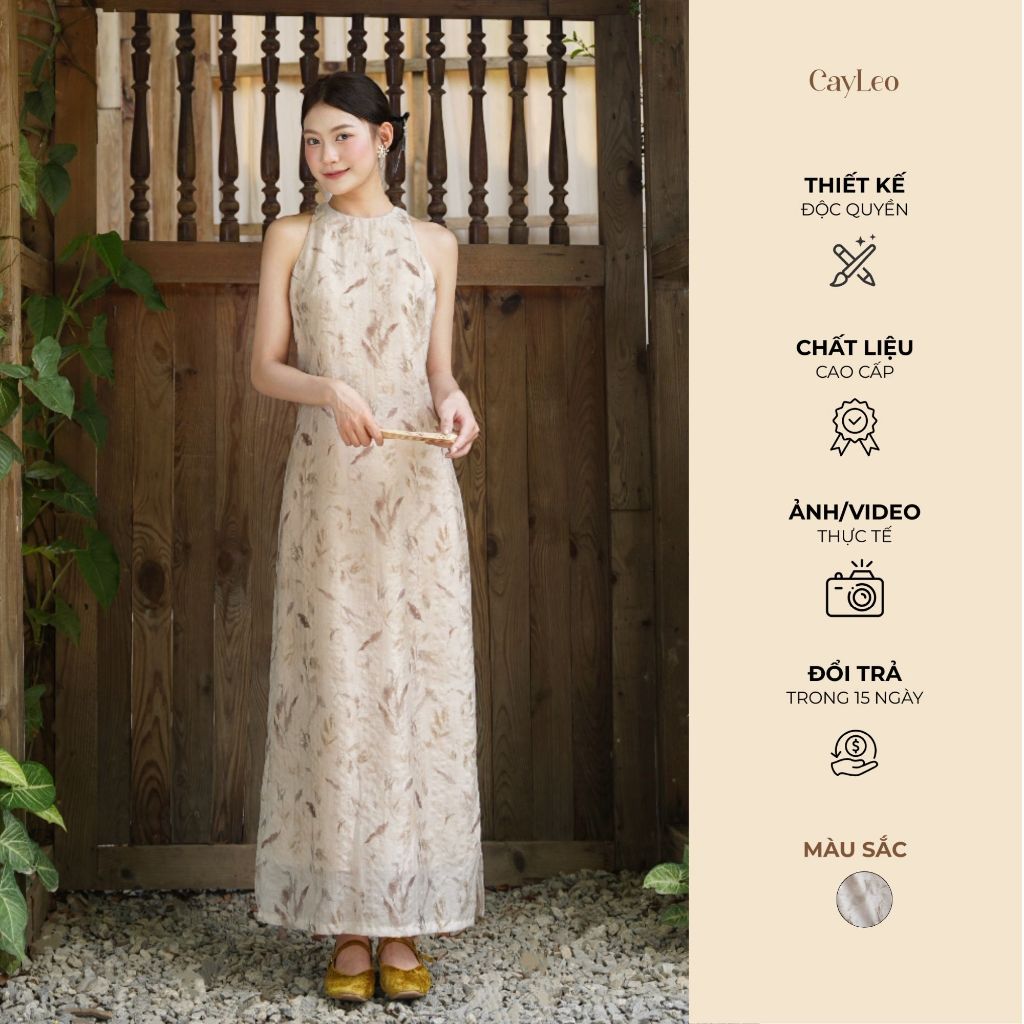 Váy dài nhẹ nhàng tơ đầm hoạ tiết dáng suông xẻ tà phong cách truyền thống CayLeo Design - DD1017
