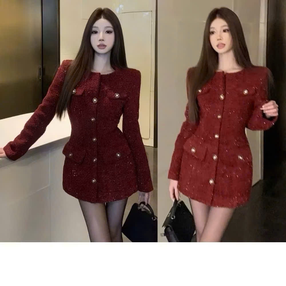 Đầm Tweed Đỏ Đính Nút Tay Dài Dáng A Sang Trọng Mặc Tiệc Cuối Năm Noel Tết Chụp Ảnh Cực Xinh