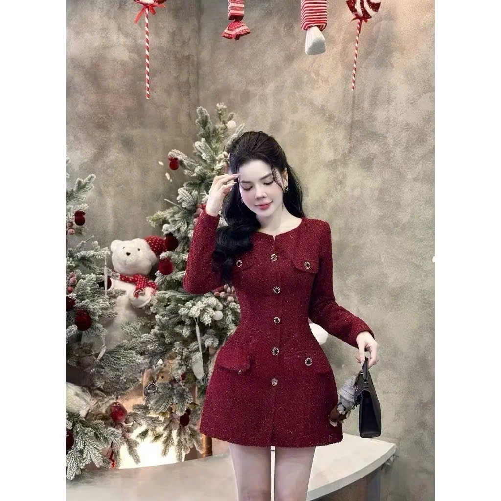 Đầm Tweed Đỏ Đính Nút Tay Dài Dáng A Sang Trọng Mặc Tiệc Cuối Năm Noel Tết Chụp Ảnh Cực Xinh