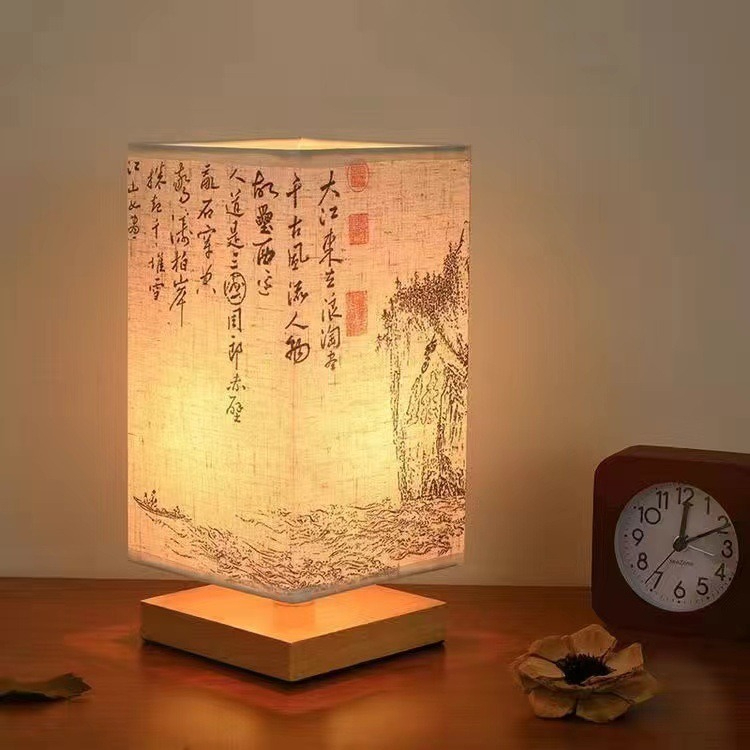 Phong cách Trung Quốc cổ thư pháp bàn đèn Vintage phòng ngủ sáng tạo đơn giản giường đèn Lan Đình thứ tự trang trí đèn n
