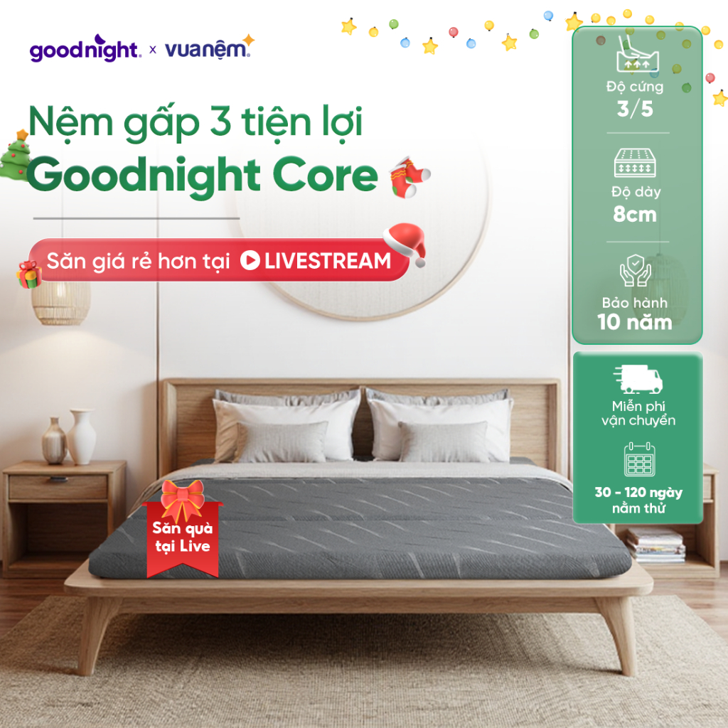 [SĂN QUÀ TẠI LIVE] Nệm Gấp 3 Vua Nệm Goodnight Core (Akita) 8cm, Nệm Foam, Đệm sinh viên