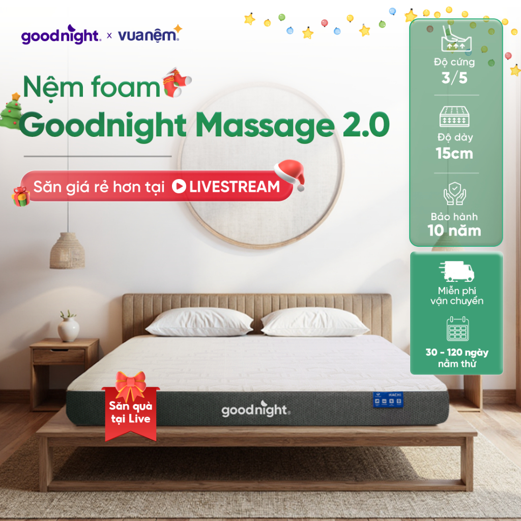 Nệm Foam Vua Nệm Goodnight Massage 2.0 (Hachi) 15cm, Đệm cao su non, Đệm foam massage BH 10 năm