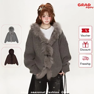Áo khoác GRADPOPU trùm đầu viền lông dày kiểu dáng giản dị và thoải mái, màu trơn dáng rộng AK379