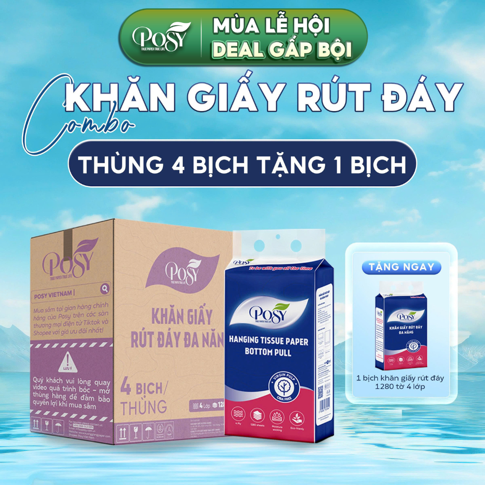 POSY - COMBO ĐA NĂNG THÙNG 5 BỊCH GIẤY RÚT POSY ĐA NĂNG 1280 TỜ 4 LỚP SIÊU TIẾT KIỆM TẶNG KÈM MÓC
