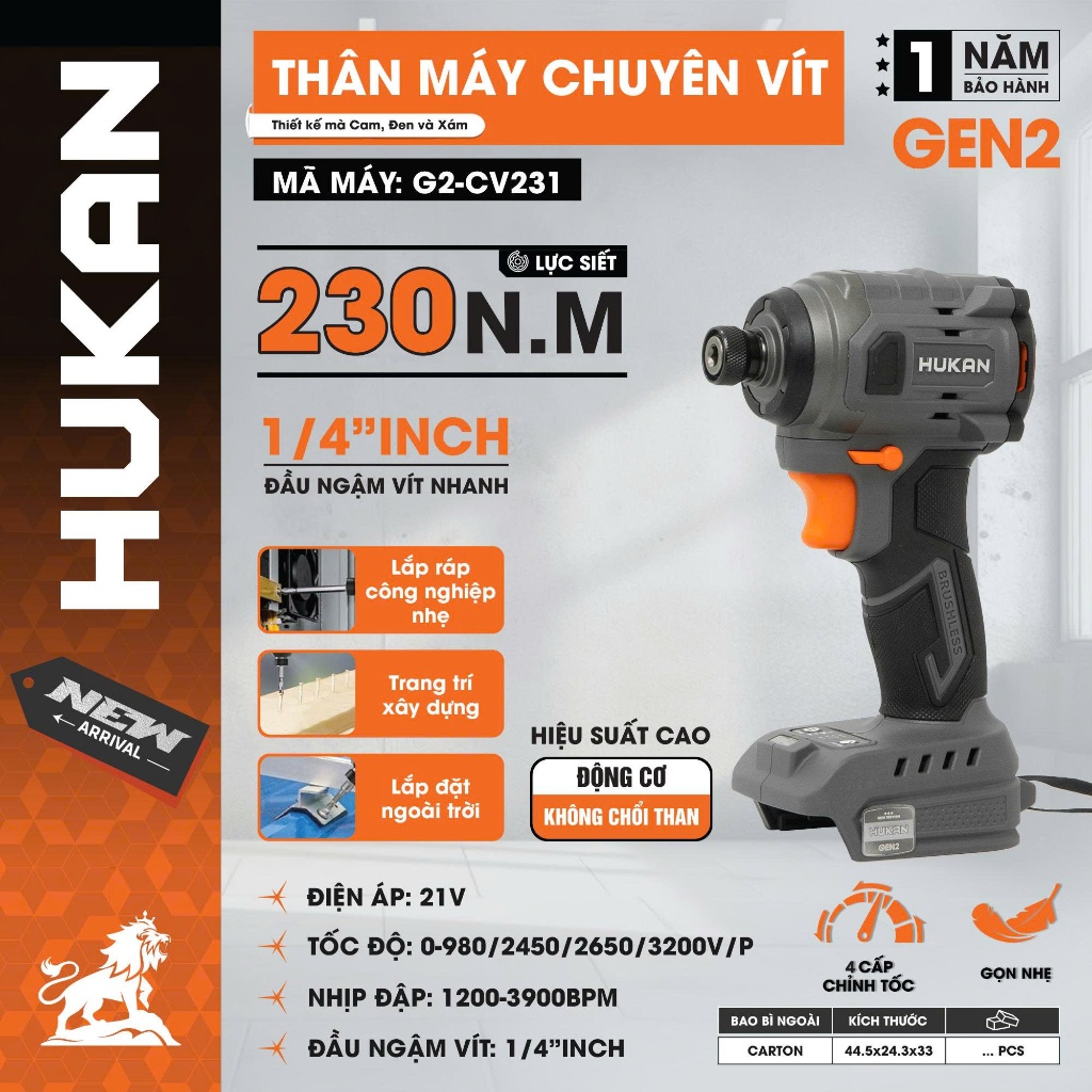 Thân Máy Chuyên Vít HUKAN G2-CV231| Lực siết 230N.m, Đầu 1/4Inch ngậm vít nhanh, Động Cơ Không Chổi Than, 21V, 3200V/p