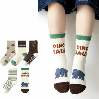 B23 (1-9 tuổi) Set 5 Đôi Tất Chống Trơn Cho Bé – Cotton Mềm, Cổ Cao – Họa Tiết Khủng Long Dino Saur