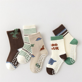 B23 (1-9 tuổi) Set 5 Đôi Tất Chống Trơn Cho Bé – Cotton Mềm, Cổ Cao – Họa Tiết Khủng Long Dino Saur