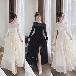 Đầm thời trang Nữ form dáng chuẩn chỉnh chất thun ren dài tay cổ tròn kín phối tùng tơ dáng maxi xẻ tà cao đính bông eo
