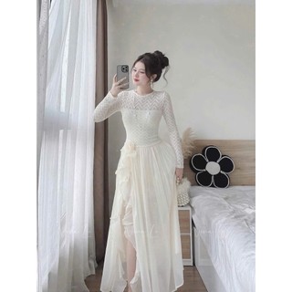 Đầm thời trang Nữ form dáng chuẩn chỉnh chất thun ren dài tay cổ tròn kín phối tùng tơ dáng maxi xẻ tà cao đính bông eo