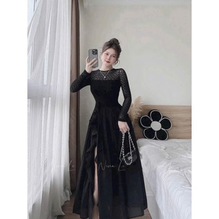 Đầm thời trang Nữ form dáng chuẩn chỉnh chất thun ren dài tay cổ tròn kín phối tùng tơ dáng maxi xẻ tà cao đính bông eo