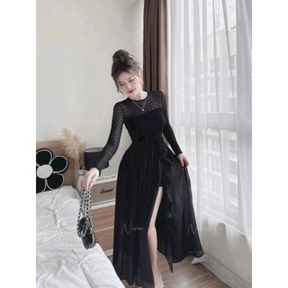 Đầm thời trang Nữ form dáng chuẩn chỉnh chất thun ren dài tay cổ tròn kín phối tùng tơ dáng maxi xẻ tà cao đính bông eo