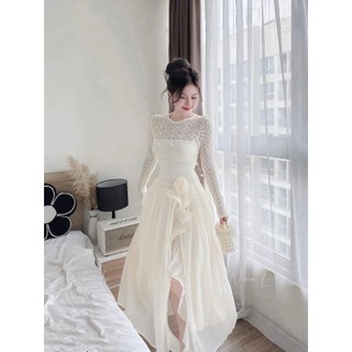 Đầm thời trang Nữ form dáng chuẩn chỉnh chất thun ren dài tay cổ tròn kín phối tùng tơ dáng maxi xẻ tà cao đính bông eo