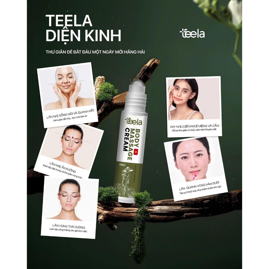 Lọ Tinh Dầu Tiêu Chuẩn - Tinh Dầu Lăn Teela Diện Kinh 10Ml Chăm Sóc Huyệt Đạo Vùng Mặt Cổ Thư Giãn Lưu Thông Khí Huyết