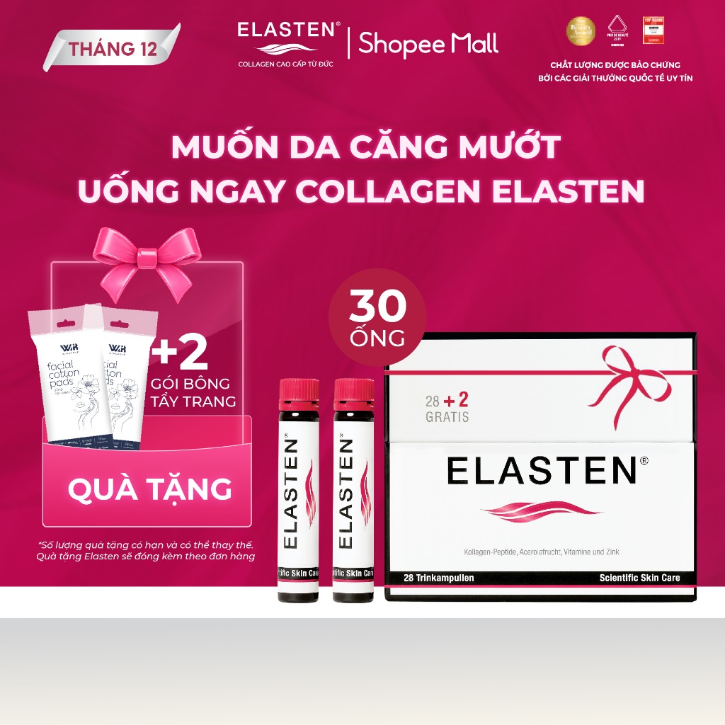Hộp 30 ống Collagen Elasten Giúp Da Căng Mịn, Chống Lão Hóa, Tóc Chắc Khỏe Ốngx25ml