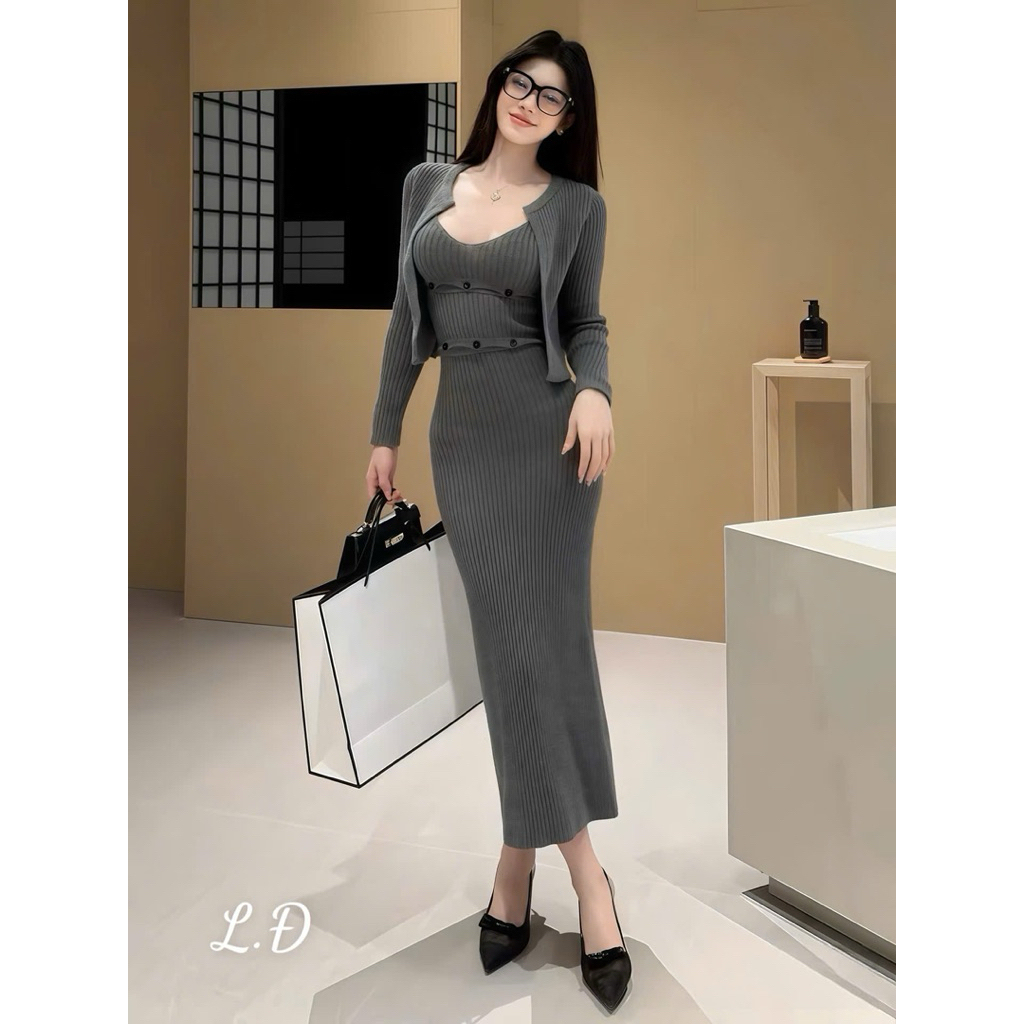 Set 3ct áo chân váy kèm choàng sang xinh  Ghi, Hồng