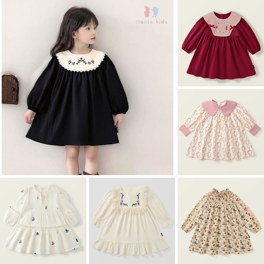 BST Váy Dài Tay Hania Kids Cho Bé Gái, Váy Thu Đông Cho Bé Gái Chất Liệu Cotton Xinh Xắn Mềm Mại