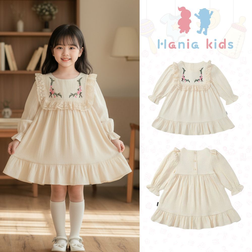 BST Váy Dài Tay Hania Kids Cho Bé Gái, Váy Thu Đông Cho Bé Gái Chất Liệu Cotton Xinh Xắn Mềm Mại