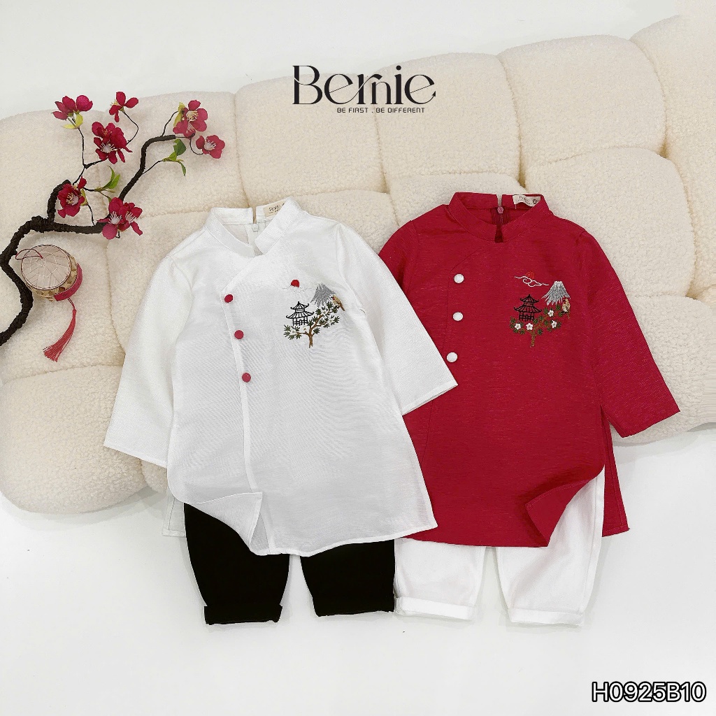 Set áo dài tùng vân hoạ tiết thêu diện tết bé trai, set áo dài kèm quần kaki chính hãng Bernie