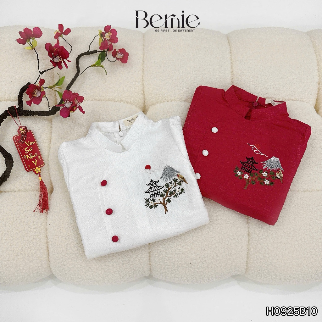 Set áo dài tùng vân hoạ tiết thêu diện tết bé trai, set áo dài kèm quần kaki chính hãng Bernie