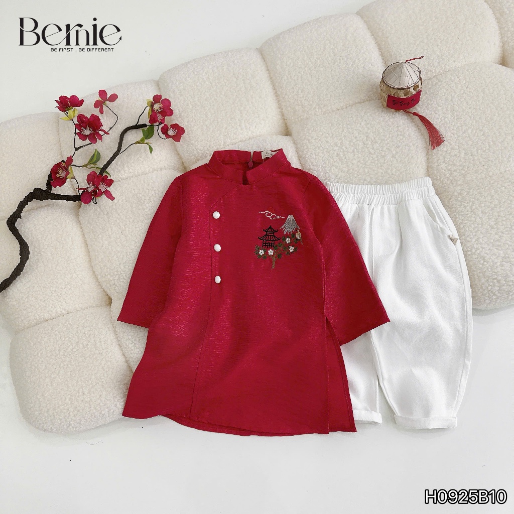 Set áo dài tùng vân hoạ tiết thêu diện tết bé trai, set áo dài kèm quần kaki chính hãng Bernie