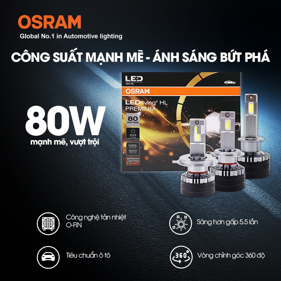 Combo 2 Bóng Đèn Led HL Premium Next Level OSRAM Dùng Cho Xe ô Tô Xe Máy Chân H1 H4/H19 H7 H11 HB3/HB4 HIR2 12V 80W