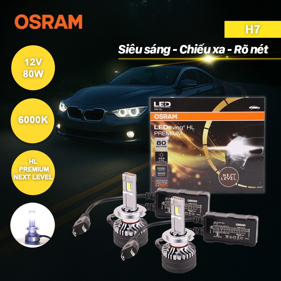 Combo 2 Bóng Đèn Led HL Premium Next Level OSRAM Dùng Cho Xe ô Tô Xe Máy Chân H1 H4/H19 H7 H11 HB3/HB4 HIR2 12V 80W