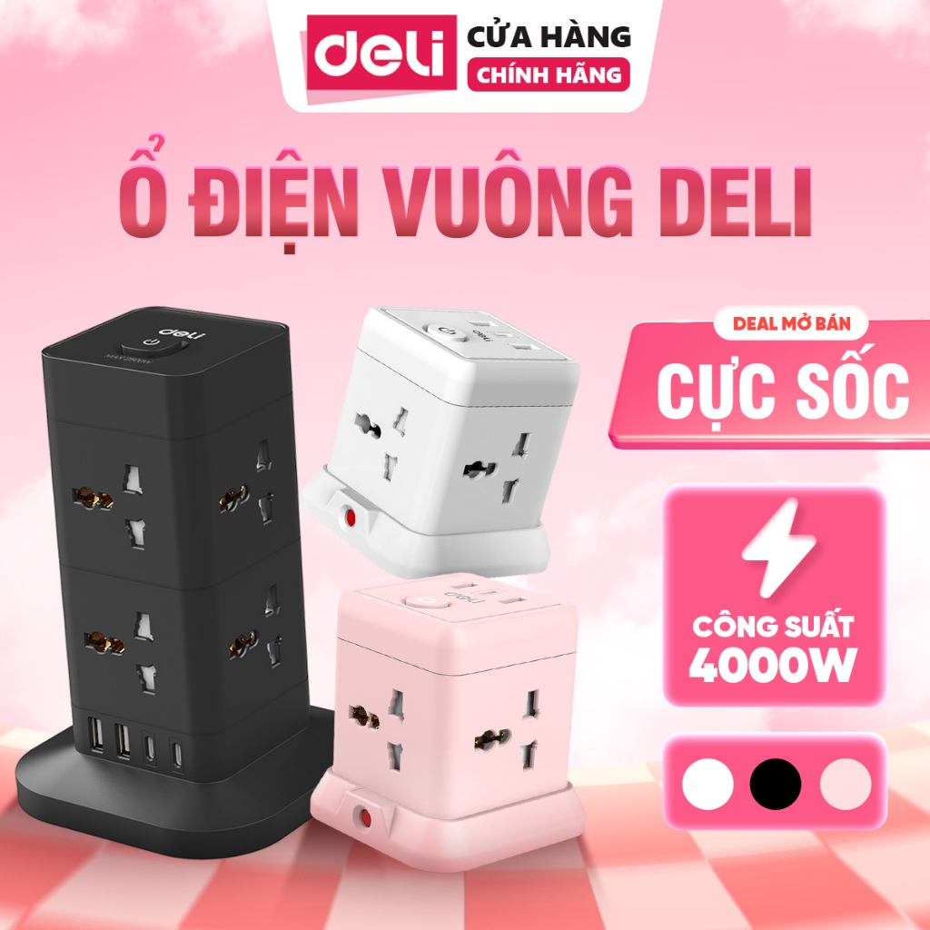 [MÀU MỚI] Ổ Cắm Điện DELI Sạc Nhanh USBTypeC 20W, Ổ Điện Để Bàn Cầu Chì Tự Ngắt CSuất 2500W - 4000W Cổng Chống Giật