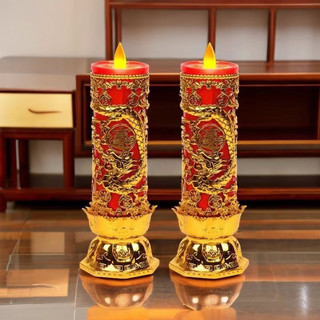 Cặp 2 Chiếc Đèn Long Phụng Đế Sen Dùng Pin Trang Trí Bàn Thờ Gia Tiên, Bàn Phật, Đèn Thờ Nến LED Thờ Thổ Địa Thần Tài