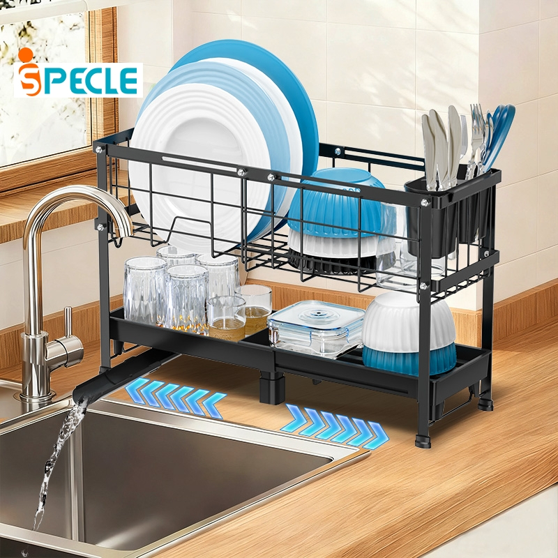 iSPECLE Kệ Úp Bát Đĩa 2 Tầng Điều Chỉnh Kích Thước - Thoát Nước Hiệu Quả, Có Giá Đựng Đũa & Thìa