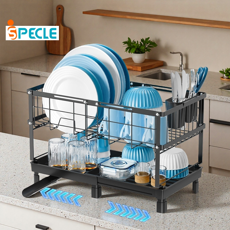 iSPECLE Kệ Úp Bát Đĩa 2 Tầng Điều Chỉnh Kích Thước - Thoát Nước Hiệu Quả, Có Giá Đựng Đũa & Thìa