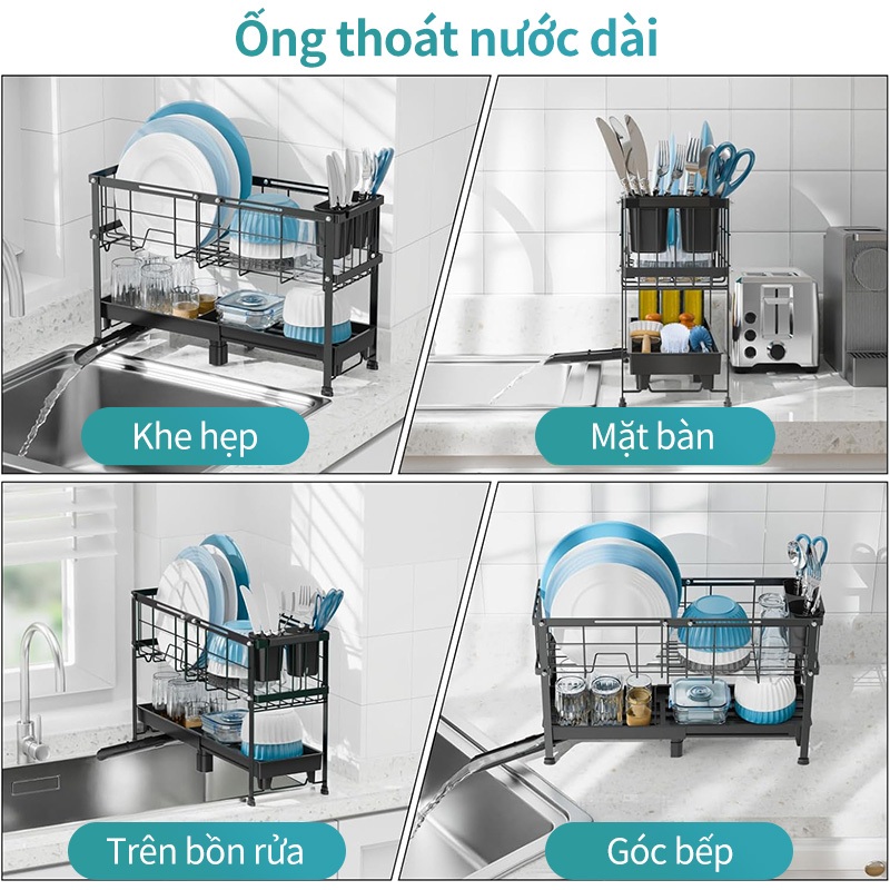iSPECLE Kệ Úp Bát Đĩa 2 Tầng Điều Chỉnh Kích Thước - Thoát Nước Hiệu Quả, Có Giá Đựng Đũa & Thìa