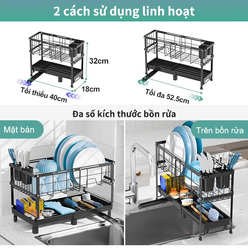iSPECLE Kệ Úp Bát Đĩa 2 Tầng Điều Chỉnh Kích Thước - Thoát Nước Hiệu Quả, Có Giá Đựng Đũa & Thìa