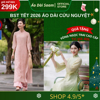 Áo dài nữ cách tân dáng suông Saam  cửu nguyệt tay lỡ 2 lớp 4 tà màu hồng dâu, xanh cốmTết 2026