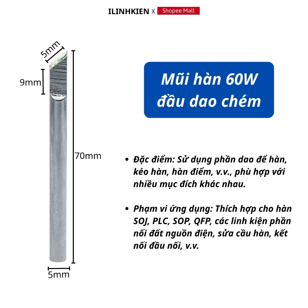 Mũi hàn 60W 220V bằng thép lõi đồng chống oxi hóa loại tốt chính hãng ILinhkien.