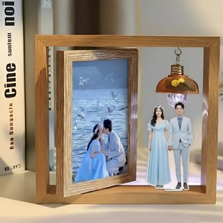 Khung Ảnh Gỗ Xoay 2 Mặt 6 Inch Phong Cách Bắc Âu In Theo Yêu Cầu - Đèn LED Trang Trí Dễ Thương