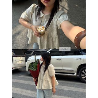 𝐄𝐥𝐨𝐫𝐚 𝐓𝐨𝐩  - Áo babydoll, áo kiểu nữ sọc cổ sen tay phồng phối nút phong cách Hàn Quốc nhien.official NAS00012