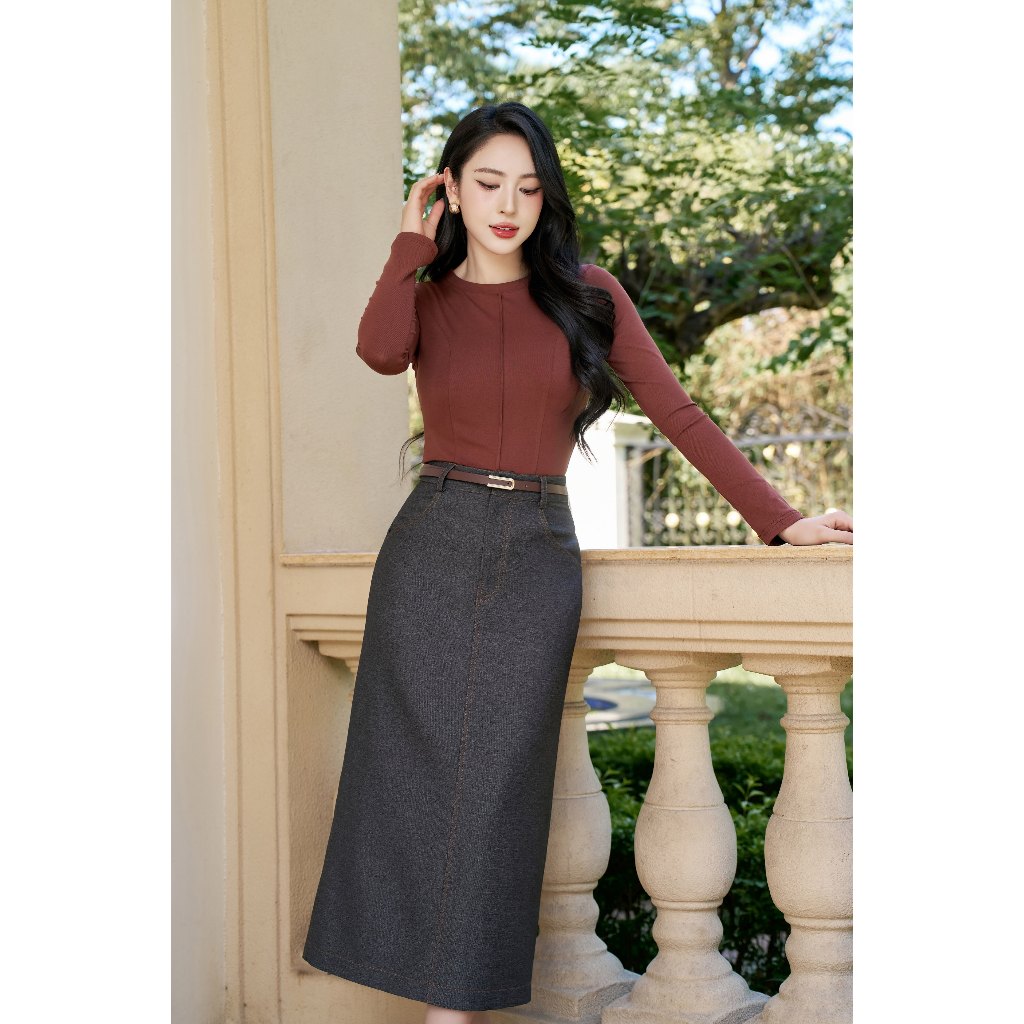 Chân váy nữ ELLA DORA denim mềm dáng dài form gọn thanh lịch phong cách công sở màu XÁM ĐẬM [CV185]