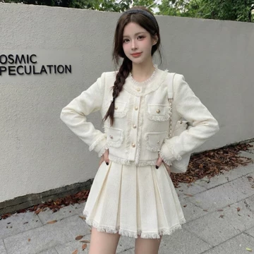 Set áo khoác dạ tweed nữ kèm chân váy tua rua phong cách ulzzang Hàn Quốc 24FebStudio SET31