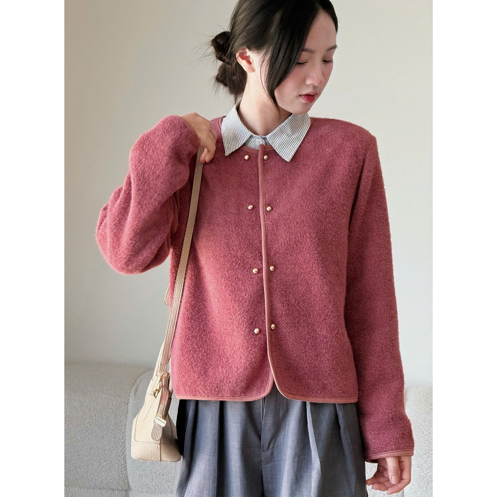 Áo khoác dạ nhung lông mềm cúc nhỏ bọc viền Miha Studio