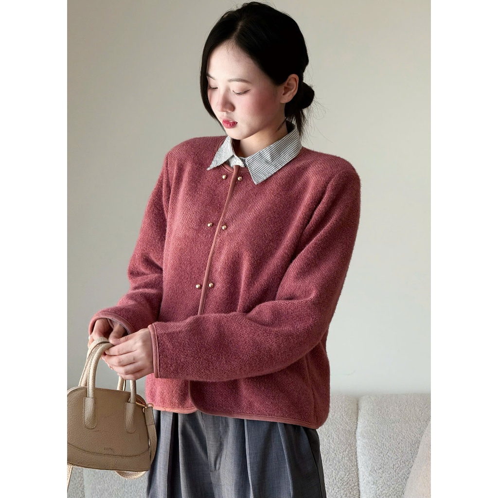Áo khoác dạ nhung lông mềm cúc nhỏ bọc viền Miha Studio