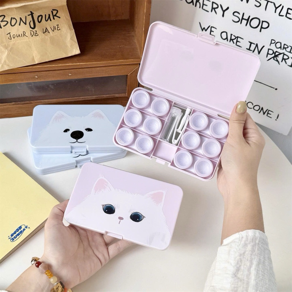 Khay đựng lens 6 ô Mèo Hồng và Cún Trắng Munlens