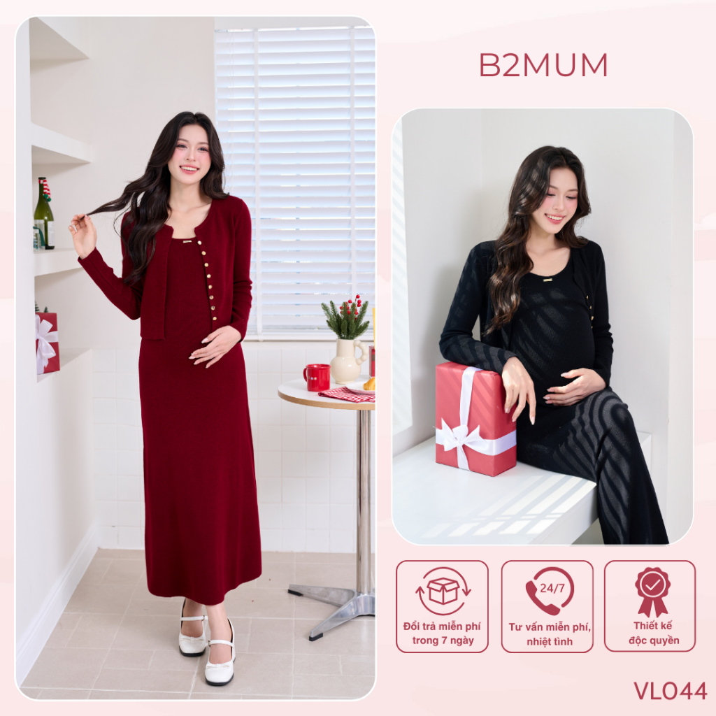 [VÁY LEN] Set Bao Gồm Áo Cardigan Và Váy Dành Cho Mẹ Bầu/ Không Bầu - Dự tiệc/Đón Giáng Sinh Ấm áp, tinh tế VL044 B2MUM