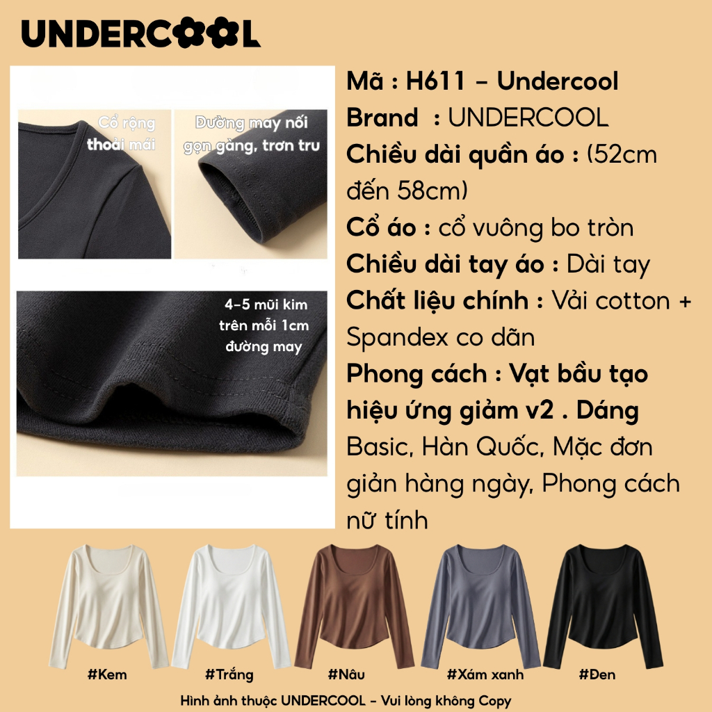 Áo Thun Nữ Dài Tay Cổ U Vạt Bầu UNDERCOOL Áo Giữ nhiệt Chất Cotton Co Giãn Tôn Dáng Phom Ôm Cotton Hàn Quốc H611